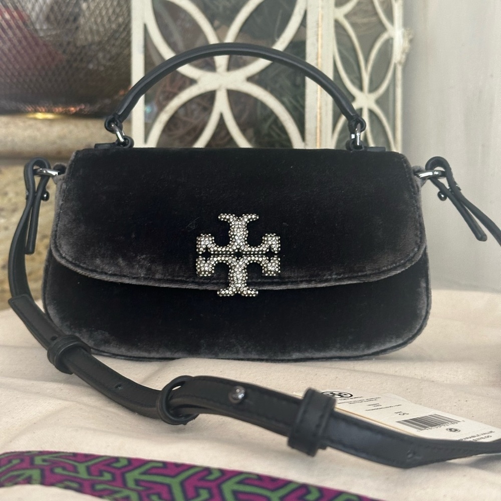 Tory Burch New Tory Burch BRITTEN VELVET JEWELED MINI TOP HANDLE  THUNDERCLOUD /
